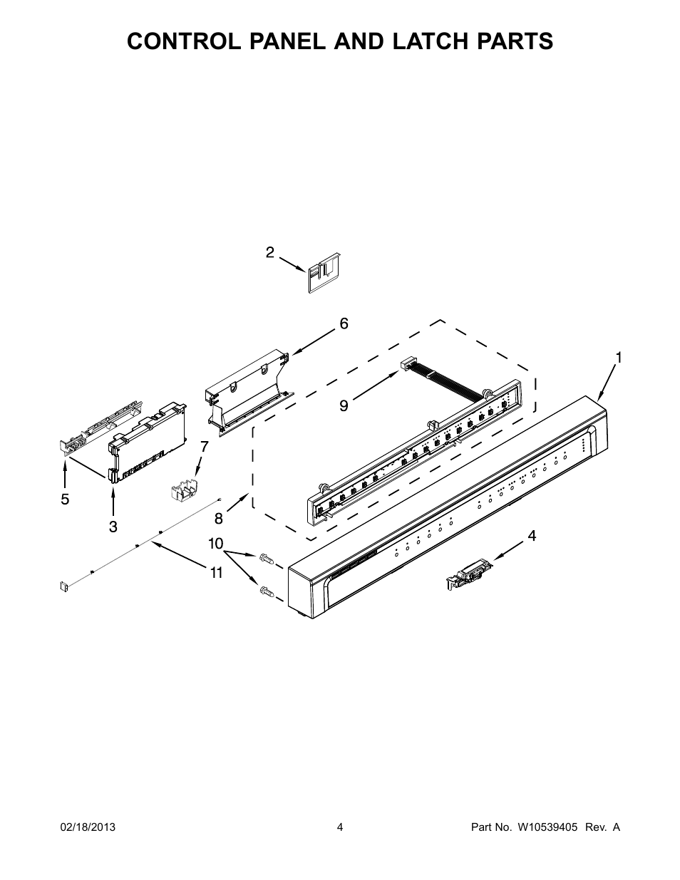 Control panel and latch, Control panel and latch parts | Whirlpool WDL785SAAM User Manual | Page 4 / 24