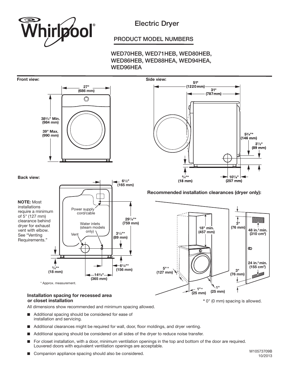 Whirlpool WED86HEBC User Manual | 2 pages