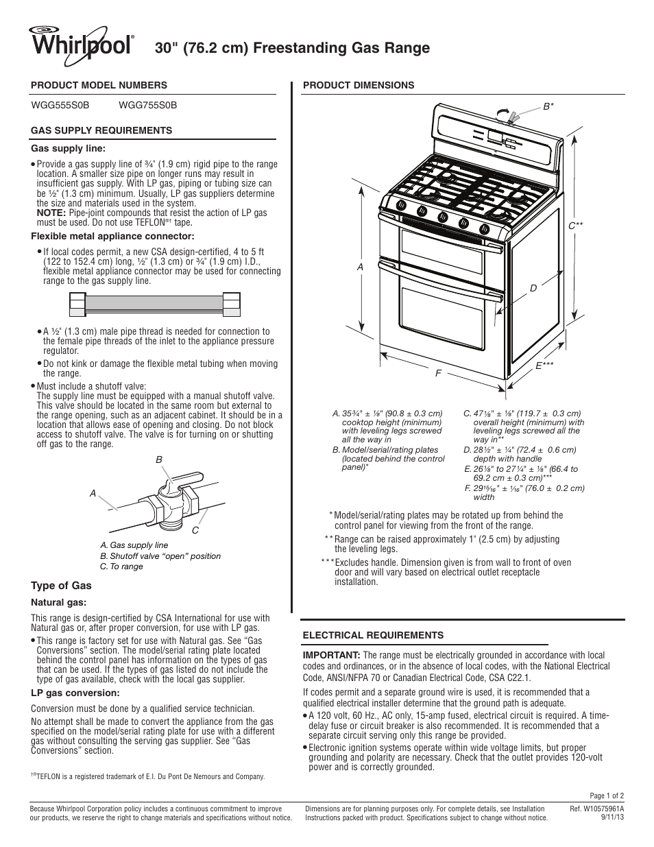 Whirlpool WGG555S0BS User Manual | 2 pages