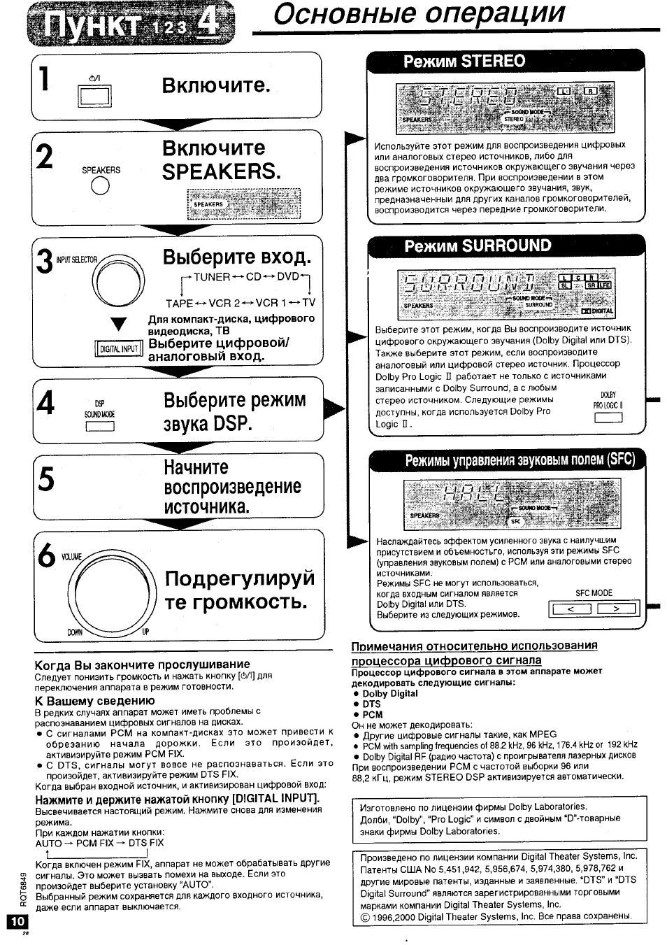 Основные операции, Включите, Speakers | Выберите вход, Для компакт-диска, цифрового видеодиска, тв, Выберите цифровой/ аналоговый вход, Выберите режим звука dsp, Начните, Воспроизведение, Источника | Panasonic SA-HE75 User Manual | Page 10 / 18