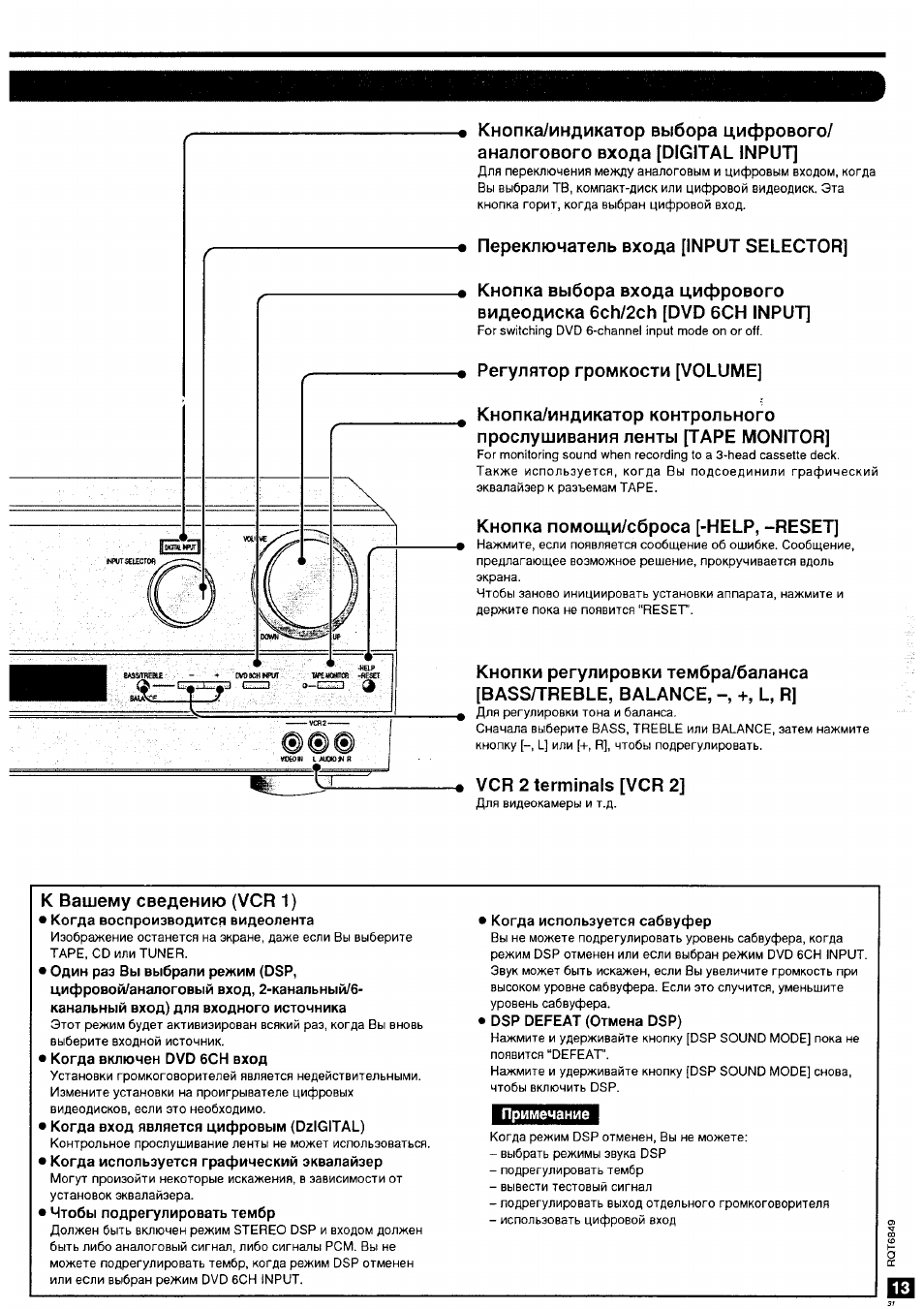 Переключатель входа [input selector, Регулятор громкости [volume, Кнопка помощи/сброса [-help, -reset | Vcr 2 terminals [vcr 2, К вашему сведению (vcr 1), Когда воспроизводится видеолента, Когда включен dvd 6сн вход, Когда вход является цифровым (dzigital), Чтобы подрегулировать тембр, Когда используется сабвуфер | Panasonic SA-HE75 User Manual | Page 13 / 18