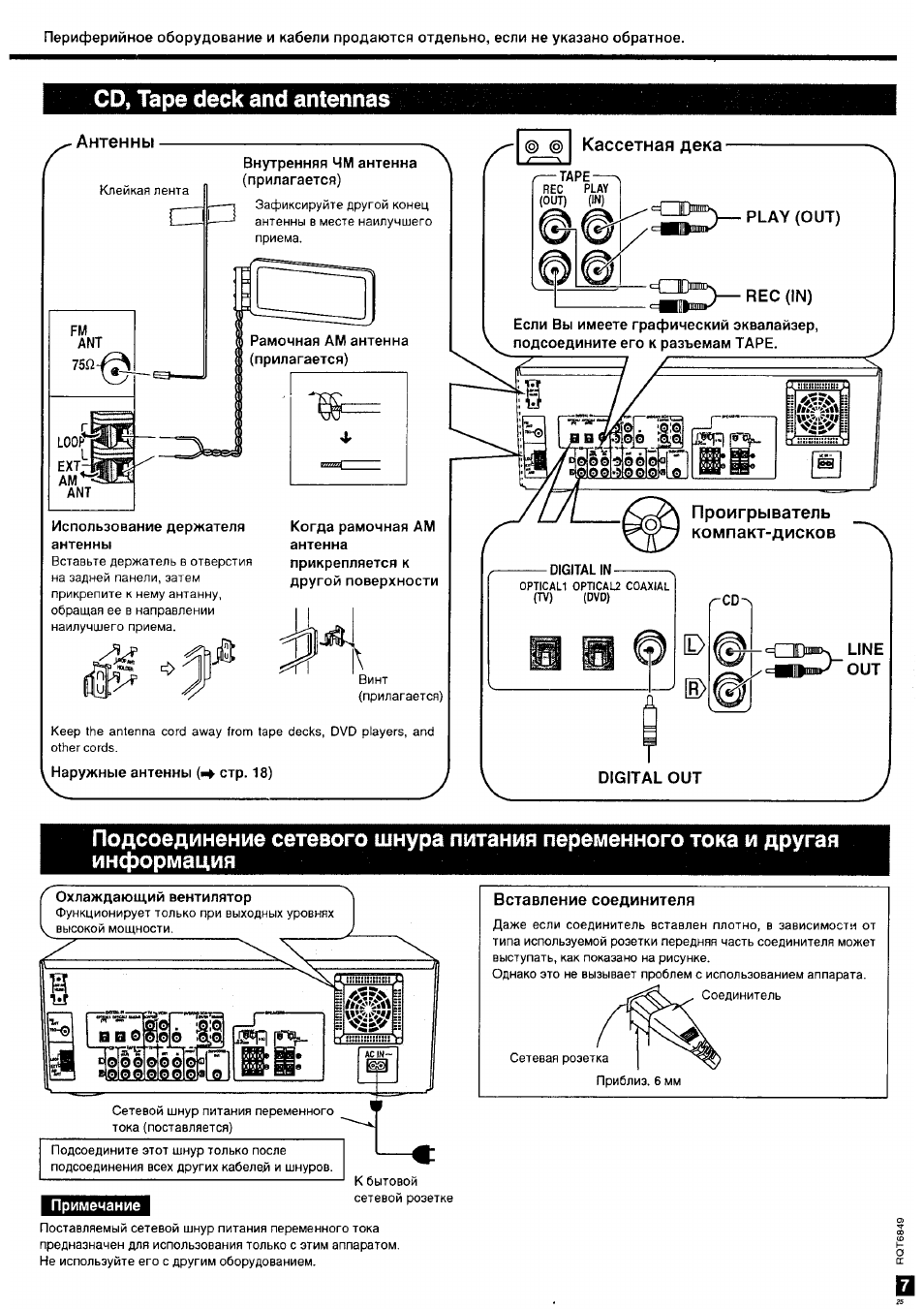 Со, таре deck and antennas, Антенны, Кассетная дека | Rec (in), Проигрыватель, Компакт-дисков, Digital out, Line, Вставление соединителя | Panasonic SA-HE75 User Manual | Page 7 / 18