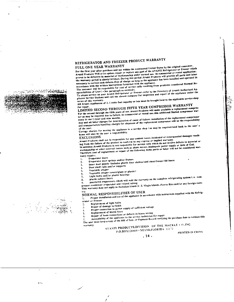 Exclusions, Nor.mal responsibilities of user, P.o.bo\;:o6o.i | Avanti 248RW/RC/RB User Manual | Page 15 / 15