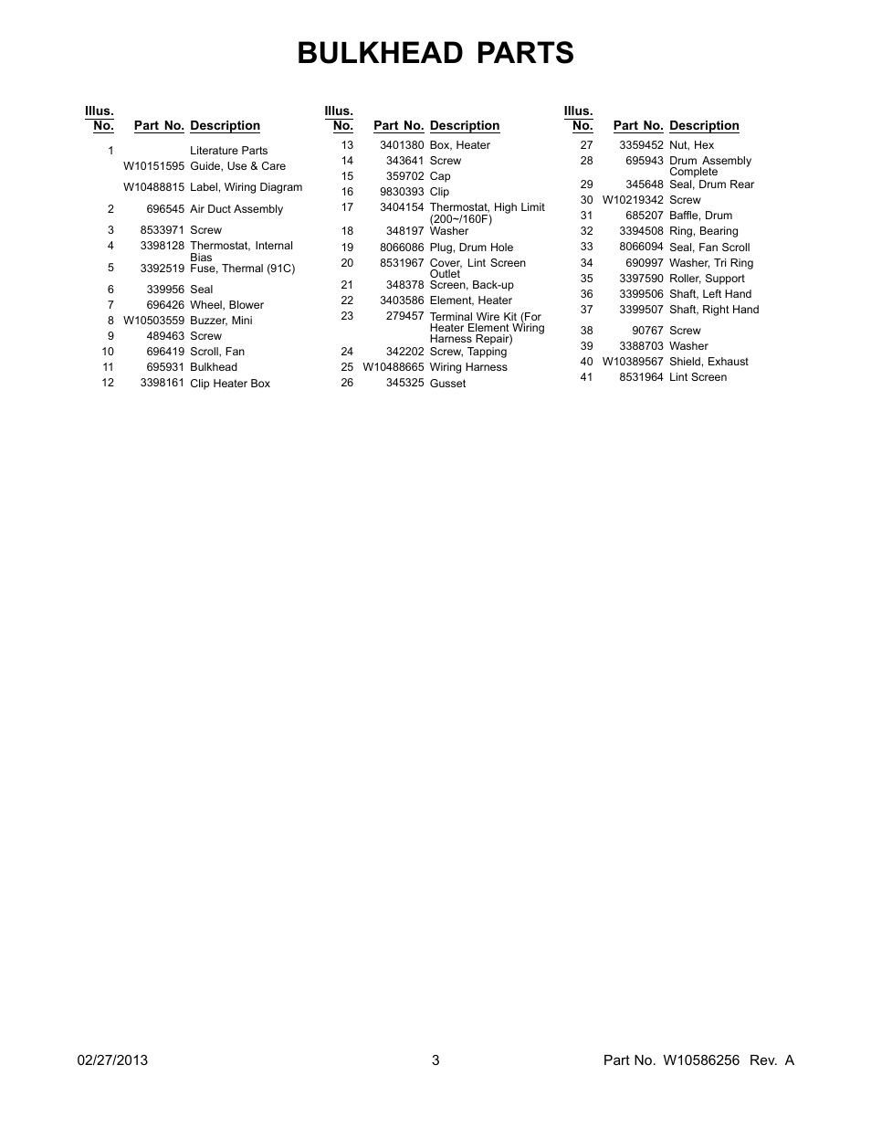 Literature, Bulkhead parts | Whirlpool LER3622PQ User Manual | Page 3 / 8