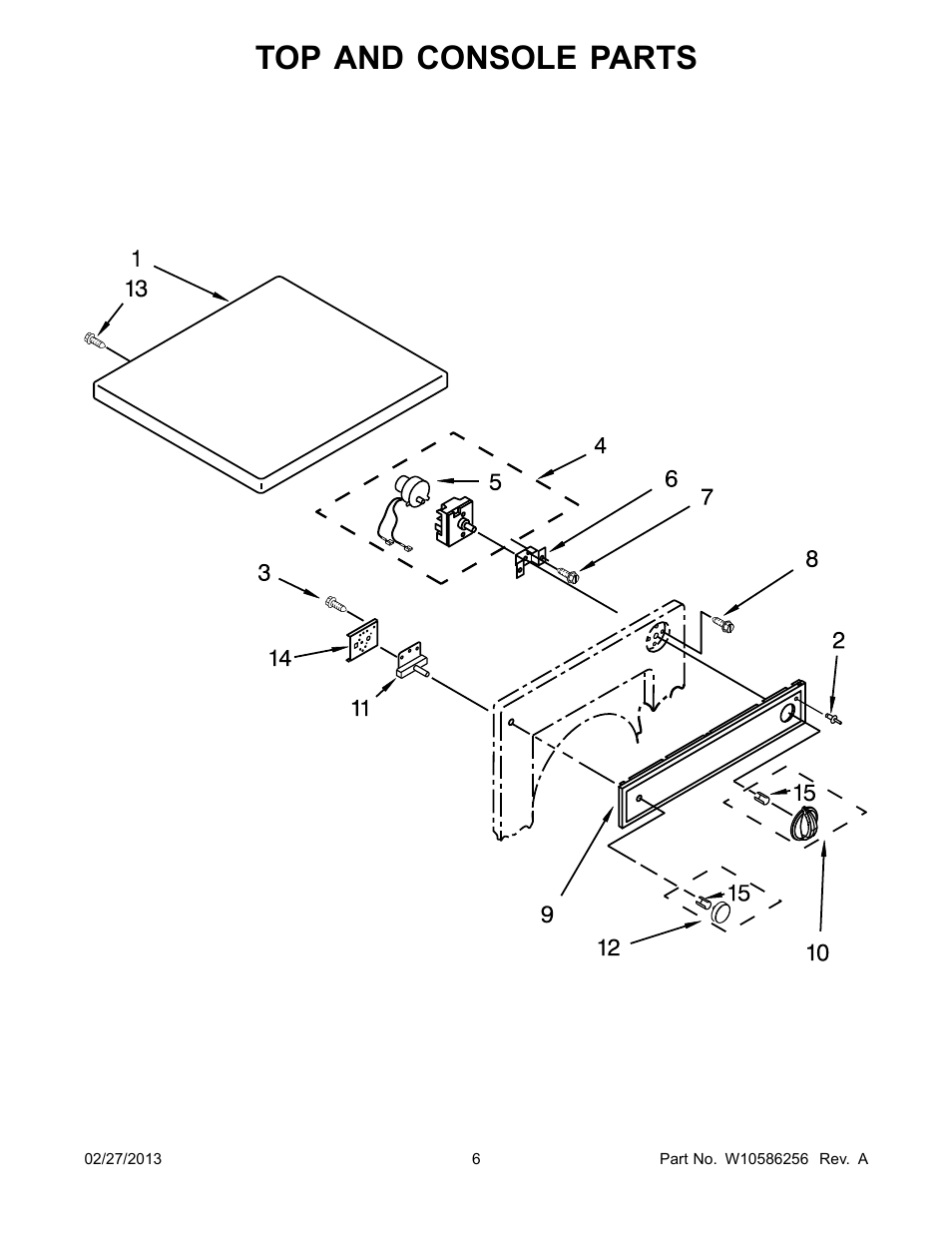 Top and console, Top and console parts | Whirlpool LER3622PQ User Manual | Page 6 / 8