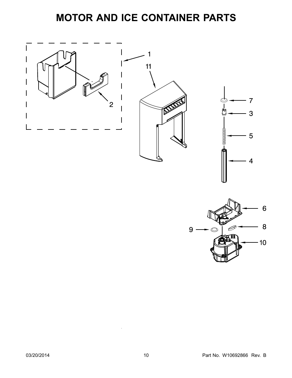 Motor and ice container parts | Whirlpool WRS571CIDM User Manual | Page 10 / 24