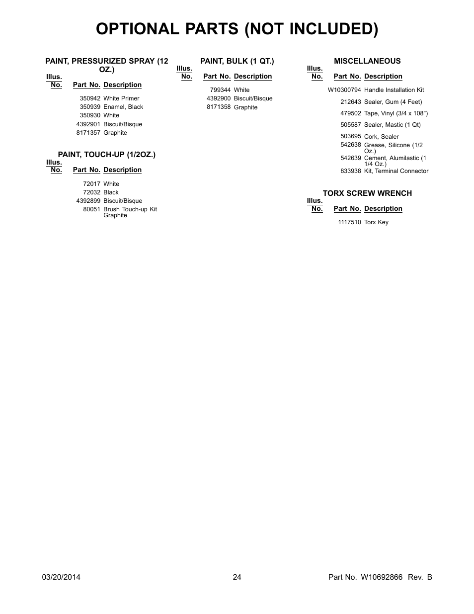 Optional parts (not included) | Whirlpool WRS571CIDM User Manual | Page 24 / 24