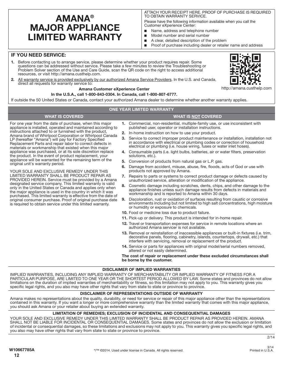 Amana, Major appliance limited warranty | Whirlpool WDP350PAAB User Manual | Page 2 / 6
