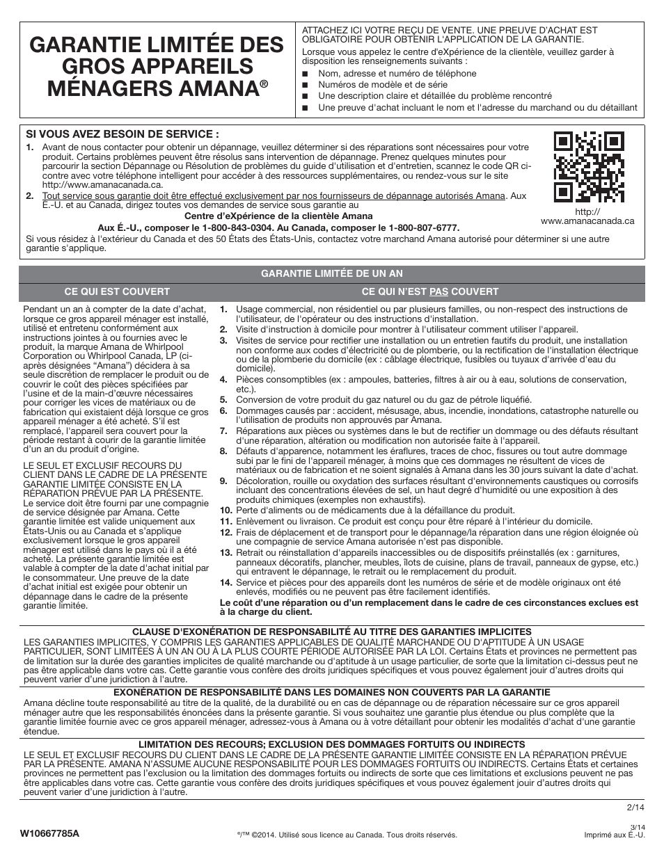 Garantie limitée des gros appareils ménagers amana | Whirlpool WDP350PAAB User Manual | Page 6 / 6