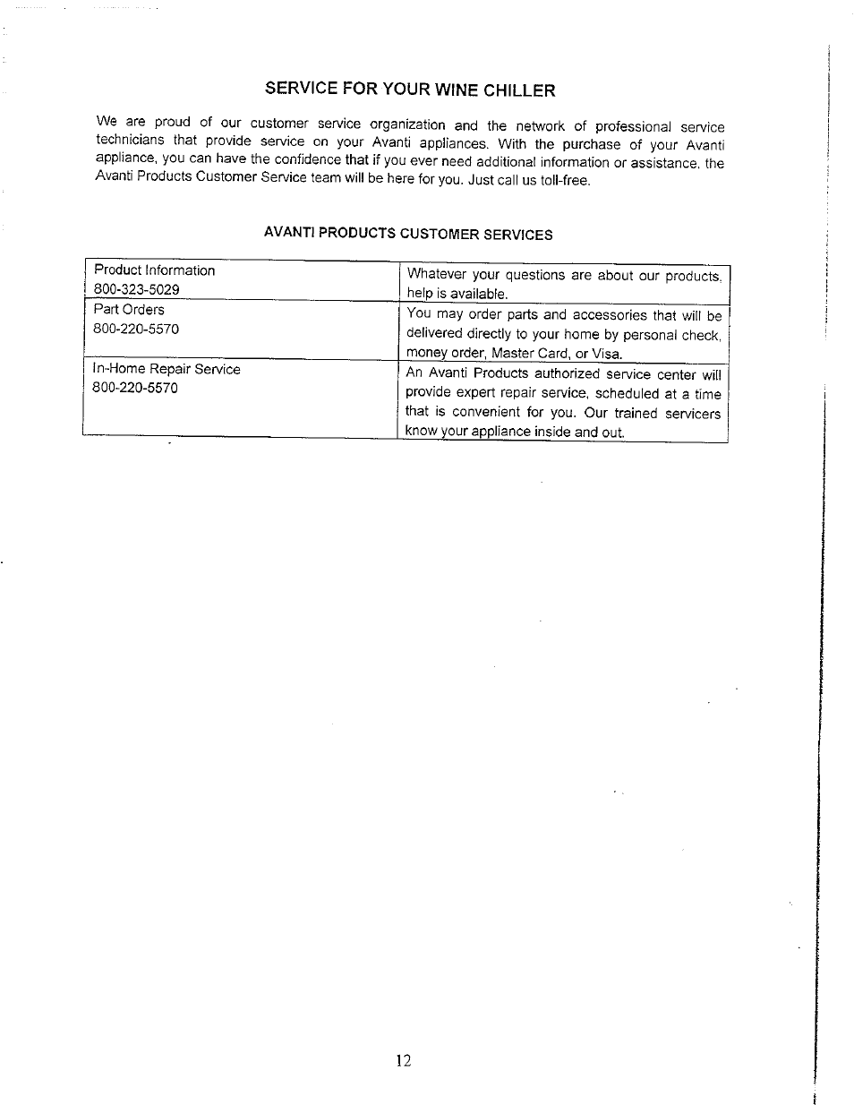 Service for your wine chiller | Avanti WC3200BG User Manual | Page 11 / 16