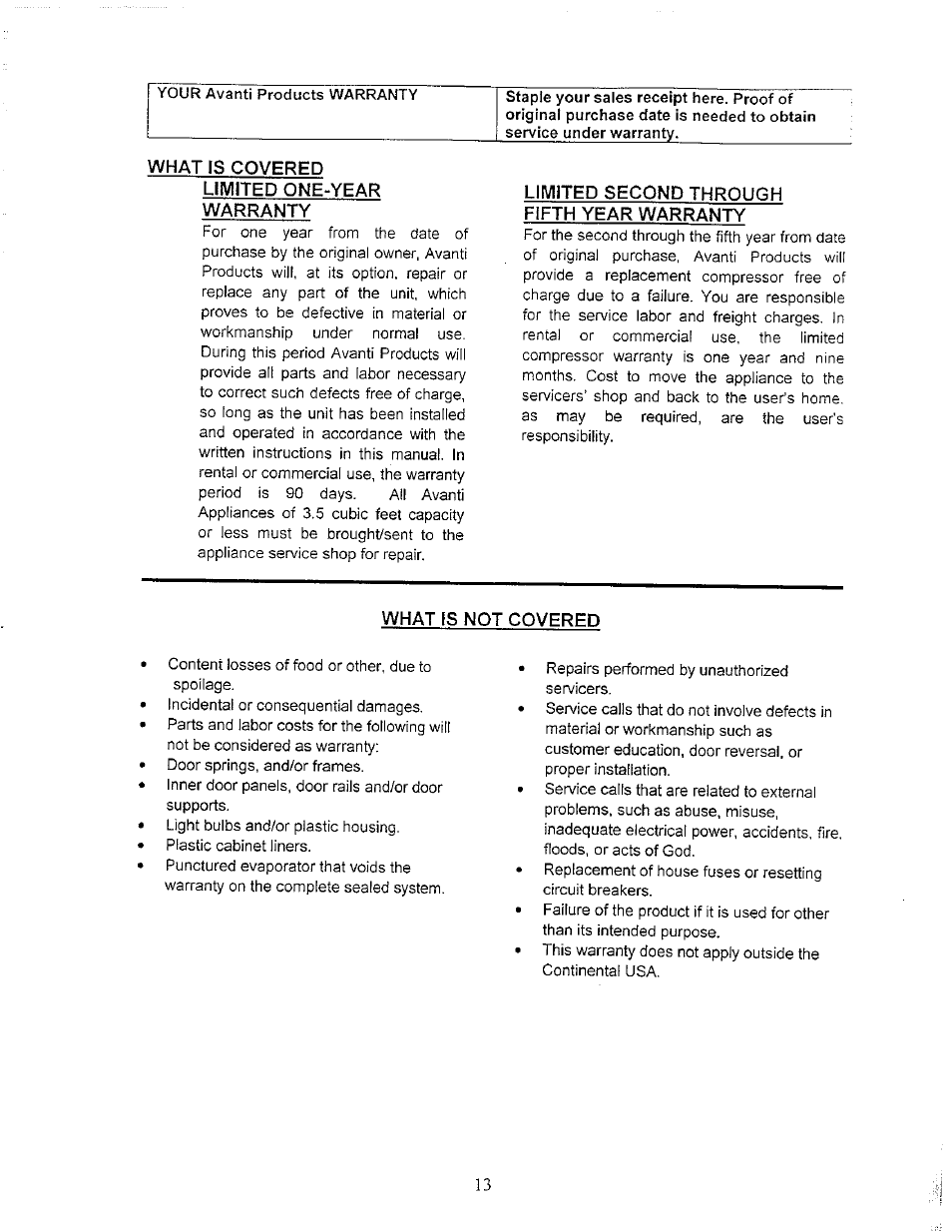 What 1$ covered, Lllvuted one-year warranty, Limited second through fifth year warranty | What is not covered | Avanti WC3200BG User Manual | Page 12 / 16