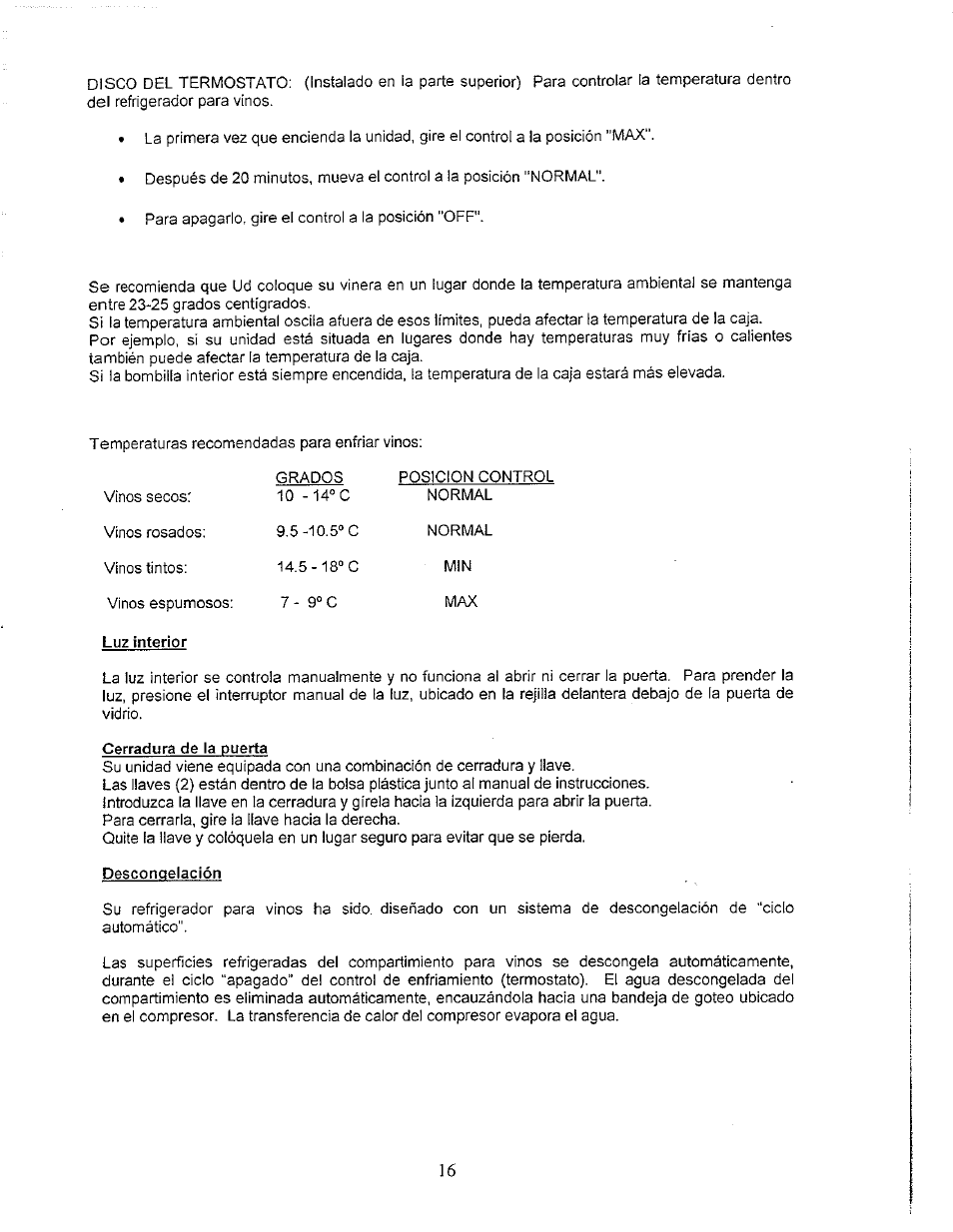 Luz interior, Cerradura de la puerta, Descongelación | Avanti WC3200BG User Manual | Page 15 / 16