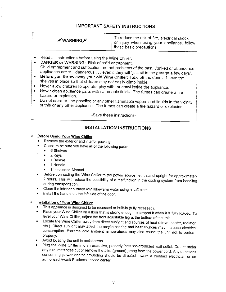 Important safety instructions, Installation instructions, Before using your wine chiller | Installation of your wine chiller, Installing your wine chiller | Avanti WC3200BG User Manual | Page 6 / 16