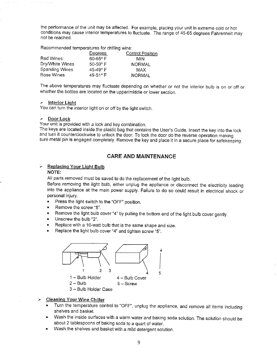 Interior light, Care and maintenance | Avanti WC3200BG User Manual | Page 8 / 16