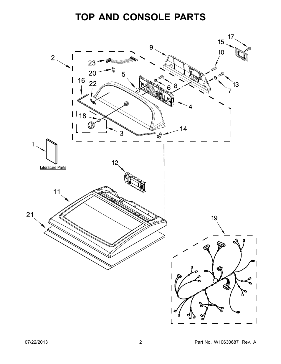Top and console, Top and console parts | Whirlpool WED5500BW User Manual | Page 2 / 8