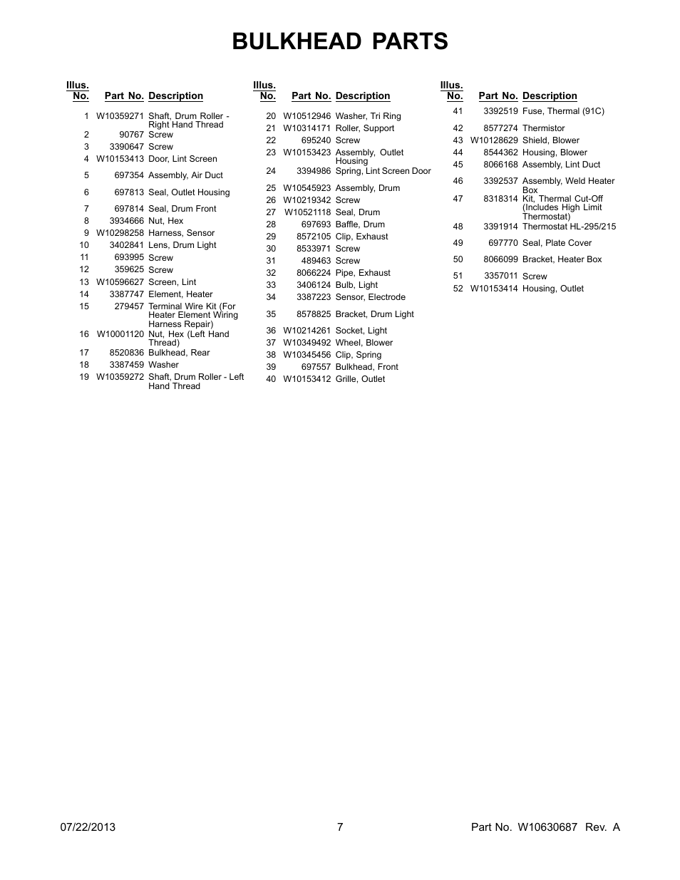 Bulkhead parts | Whirlpool WED5500BW User Manual | Page 7 / 8