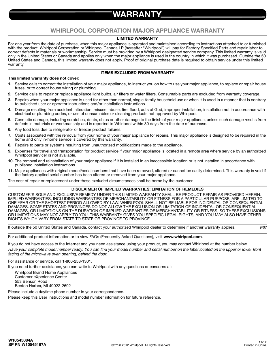 Whirlpool WMH53520CS User Manual | 1 page