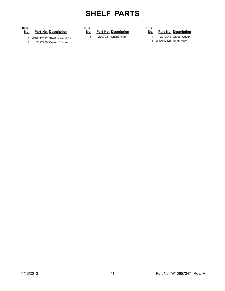 Shelf parts | Whirlpool W8TXEWFYB User Manual | Page 11 / 12