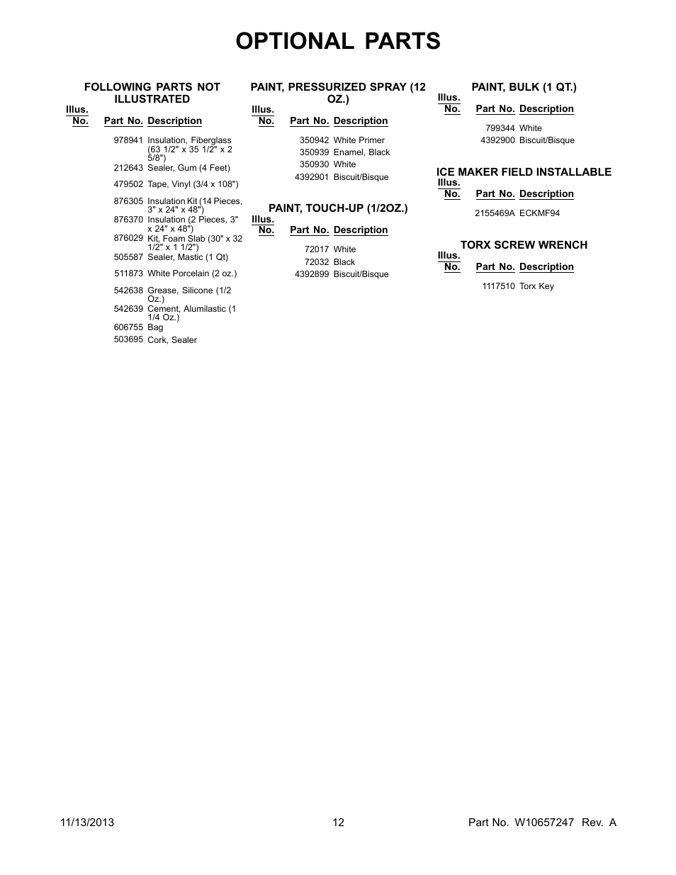 Optional, Optional parts | Whirlpool W8TXEWFYB User Manual | Page 12 / 12