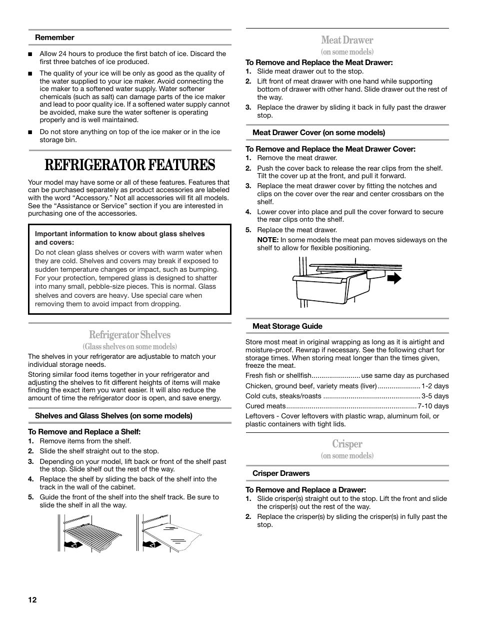 Refrigerator features, Refrigerator shelves, Meat drawer | Crisper | Whirlpool W8TXNWMBQ User Manual | Page 12 / 56