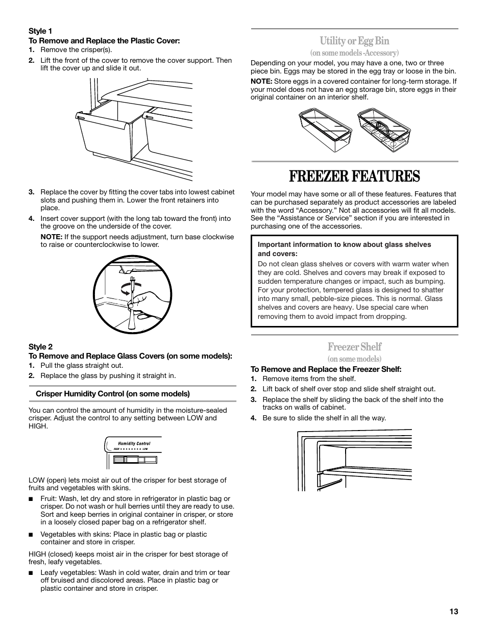 Freezer features, Utility or egg bin, Freezer shelf | Whirlpool W8TXNWMBQ User Manual | Page 13 / 56