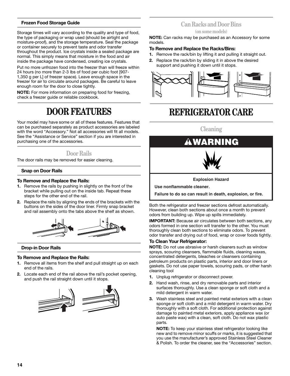 Door features, Refrigerator care, Warning | Door rails, Can racks and door bins, Cleaning | Whirlpool W8TXNWMBQ User Manual | Page 14 / 56