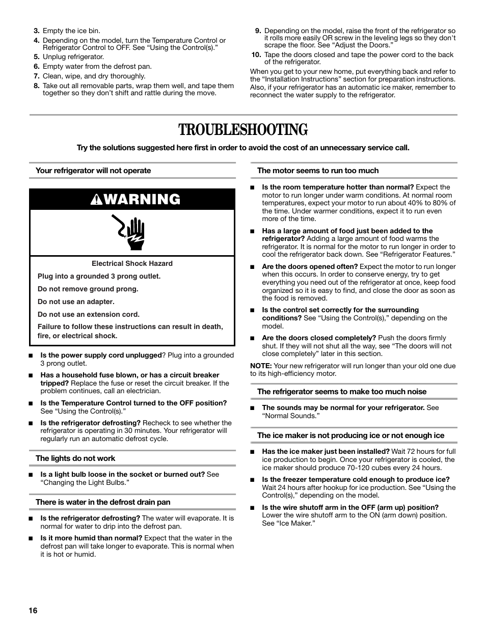 Troubleshooting, Warning | Whirlpool W8TXNWMBQ User Manual | Page 16 / 56