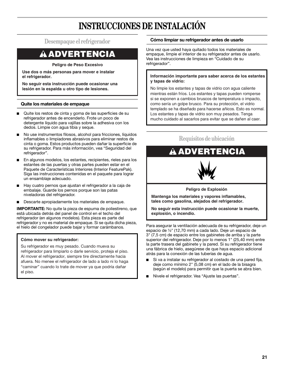 Instrucciones de instalación, Advertencia, Desempaque el refrigerador | Requisitos de ubicación | Whirlpool W8TXNWMBQ User Manual | Page 21 / 56