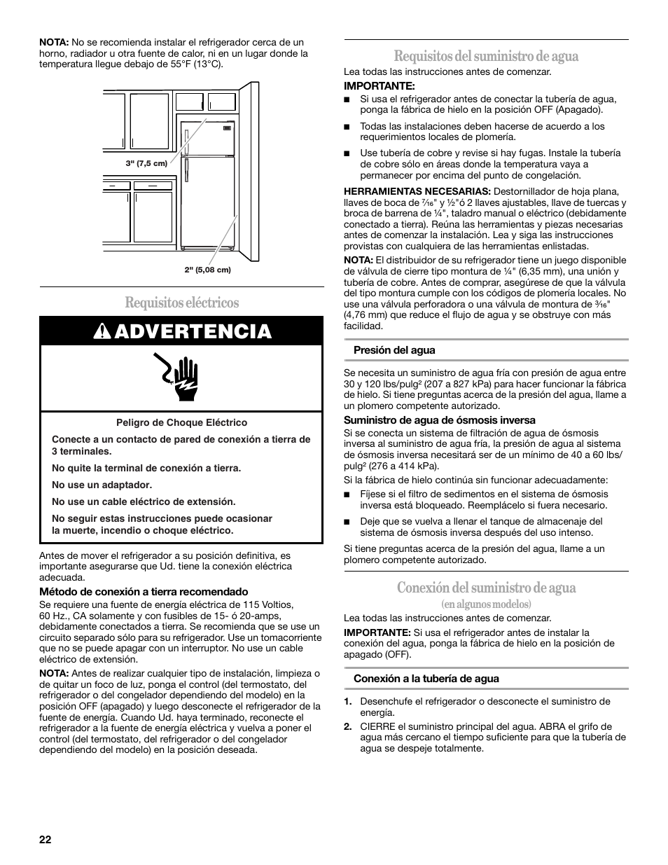 Advertencia, Requisitos eléctricos, Requisitos del suministro de agua | Conexión del suministro de agua | Whirlpool W8TXNWMBQ User Manual | Page 22 / 56