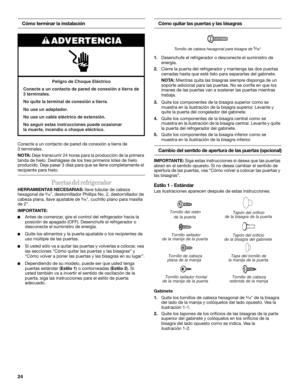 Advertencia, Puertas del refrigerador | Whirlpool W8TXNWMBQ User Manual | Page 24 / 56