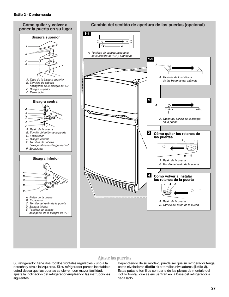 Ajuste las puertas, Cómo quitar y volver a poner la puerta en su lugar, 27 estilo 2 - contorneada | Whirlpool W8TXNWMBQ User Manual | Page 27 / 56