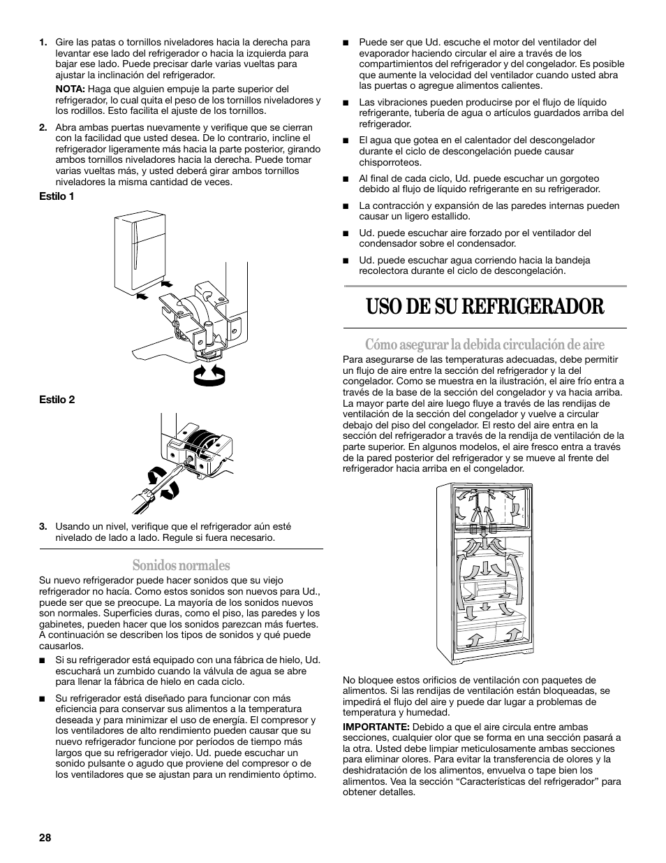 Uso de su refrigerador, Sonidos normales, Cómo asegurar la debida circulación de aire | Whirlpool W8TXNWMBQ User Manual | Page 28 / 56