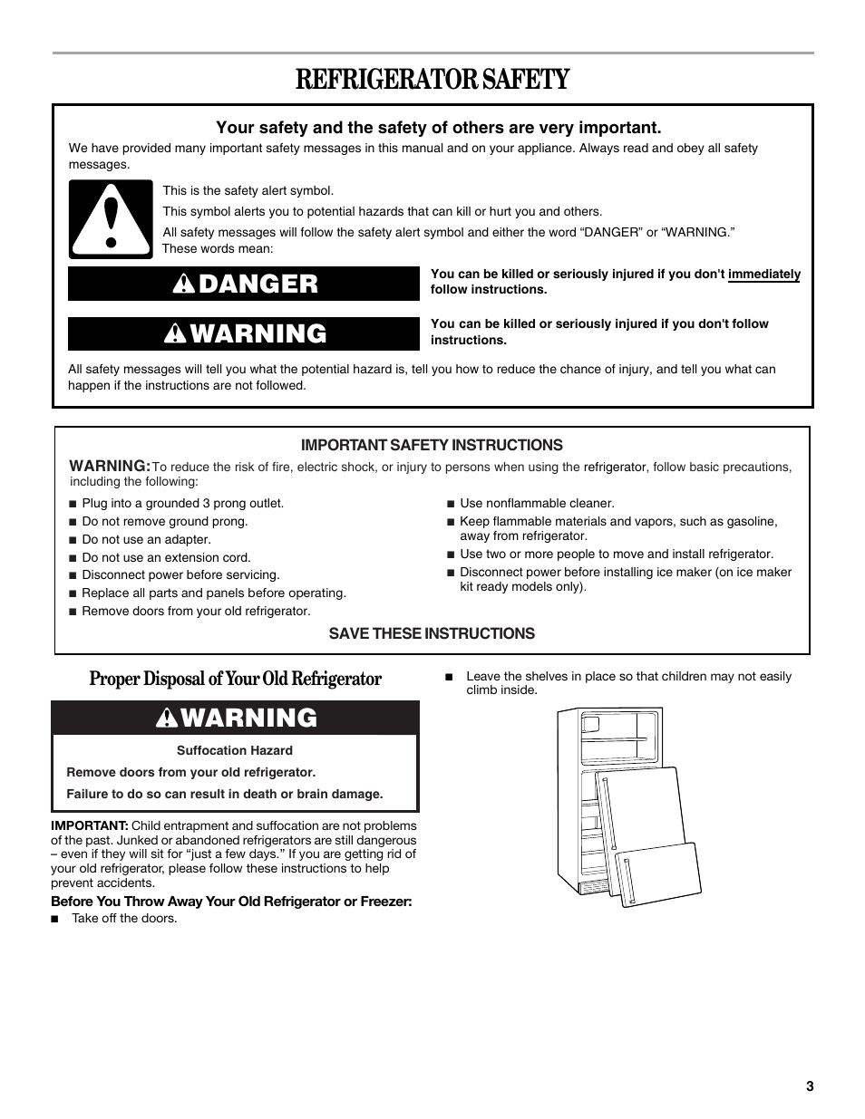 Refrigerator safety, Danger warning, Warning | Proper disposal of your old refrigerator | Whirlpool W8TXNWMBQ User Manual | Page 3 / 56