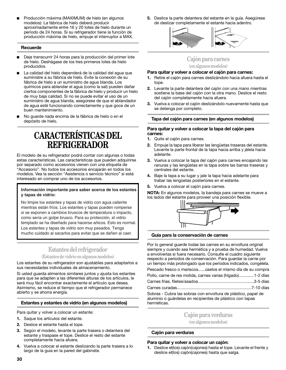 Características del refrigerador, Estantes del refrigerador, Cajón para carnes | Cajón para verduras | Whirlpool W8TXNWMBQ User Manual | Page 30 / 56