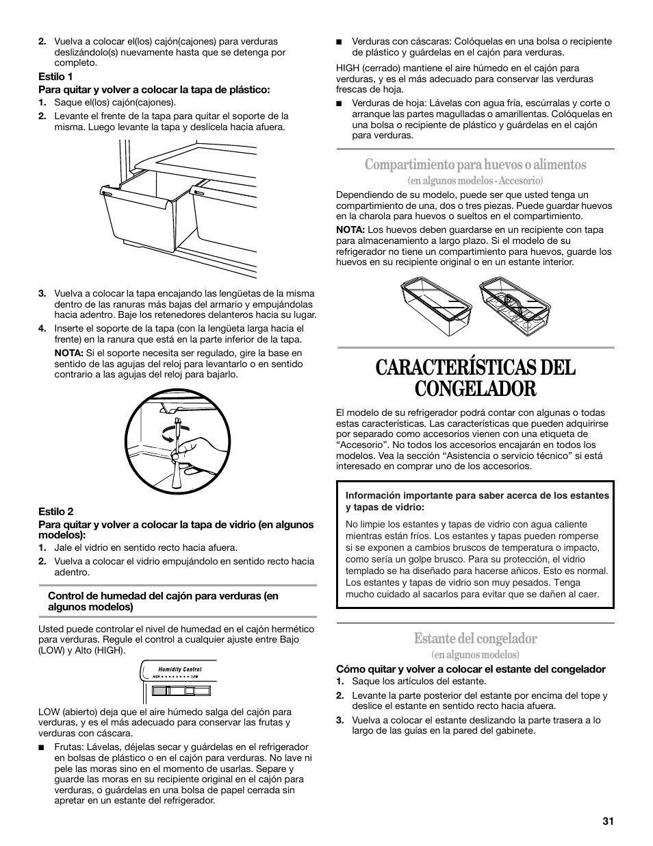 Características del congelador, Compartimiento para huevos o alimentos, Estante del congelador | Whirlpool W8TXNWMBQ User Manual | Page 31 / 56