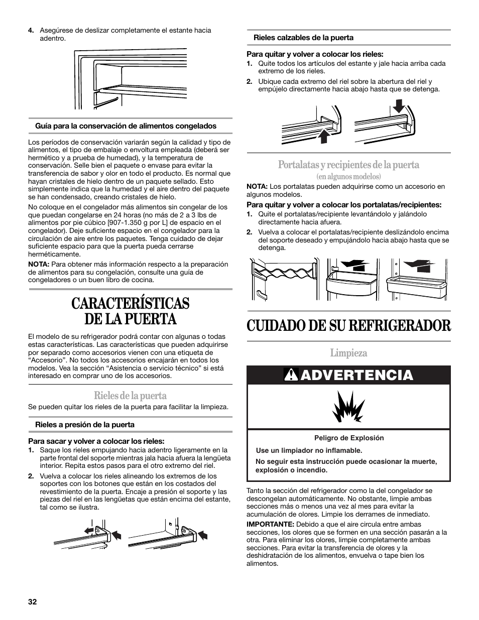 Características de la puerta, Cuidado de su refrigerador, Advertencia | Rieles de la puerta, Portalatas y recipientes de la puerta, Limpieza | Whirlpool W8TXNWMBQ User Manual | Page 32 / 56