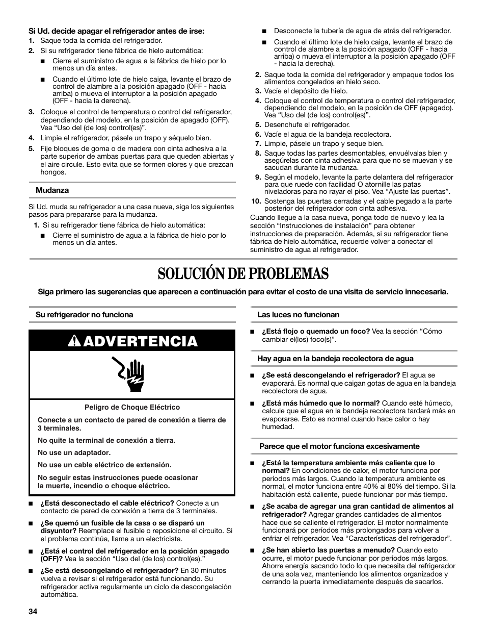 Solución de problemas, Advertencia | Whirlpool W8TXNWMBQ User Manual | Page 34 / 56