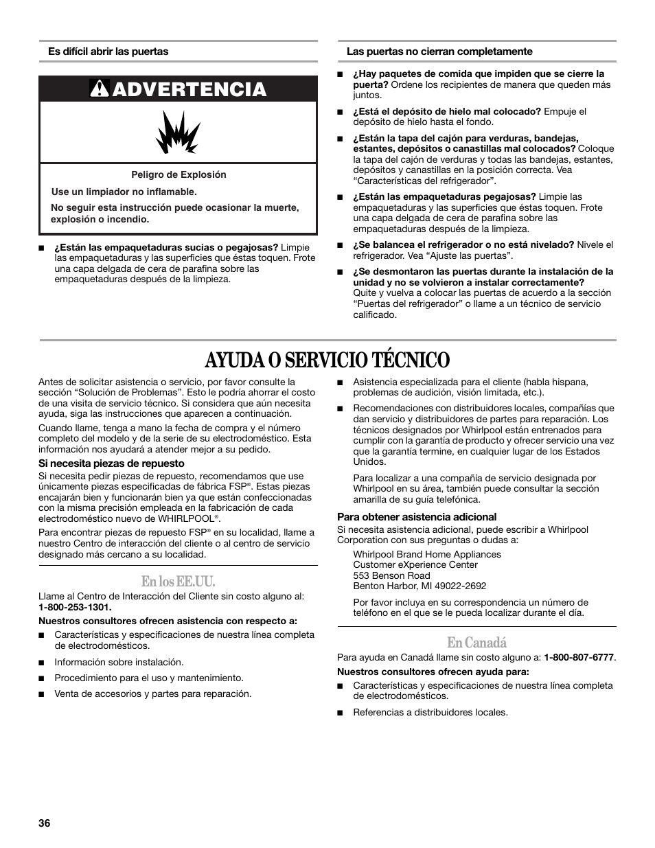 Ayuda o servicio técnico, Advertencia, En los ee.uu | En canadá | Whirlpool W8TXNWMBQ User Manual | Page 36 / 56