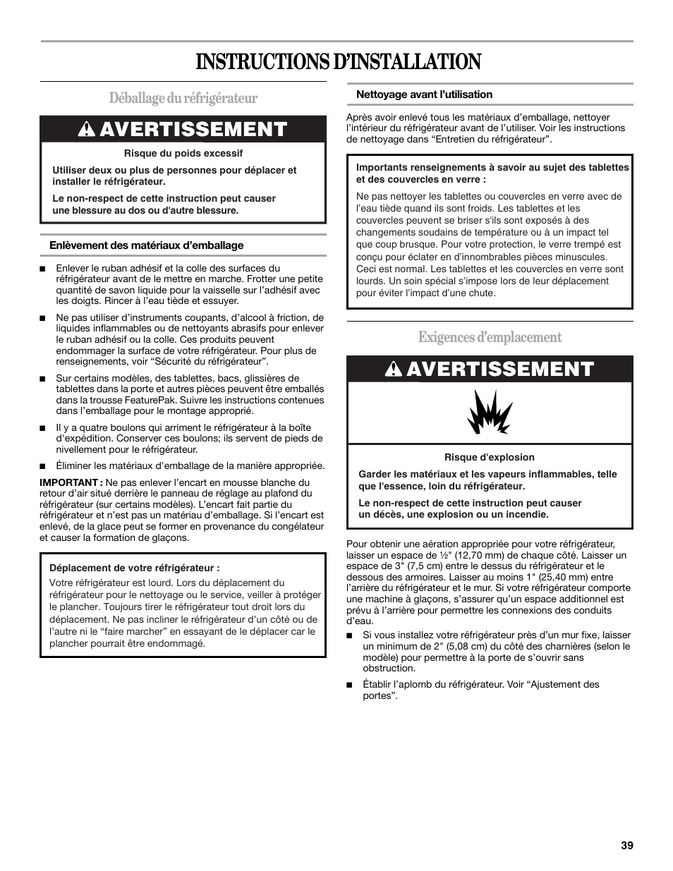 Instructions d’installation, Avertissement, Déballage du réfrigérateur | Exigences d’emplacement | Whirlpool W8TXNWMBQ User Manual | Page 39 / 56