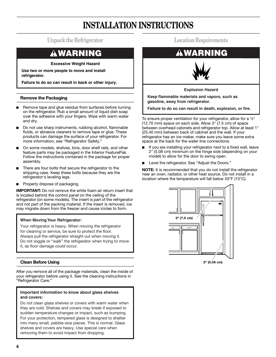 Installation instructions, Warning, Unpack the refrigerator | Location requirements | Whirlpool W8TXNWMBQ User Manual | Page 4 / 56