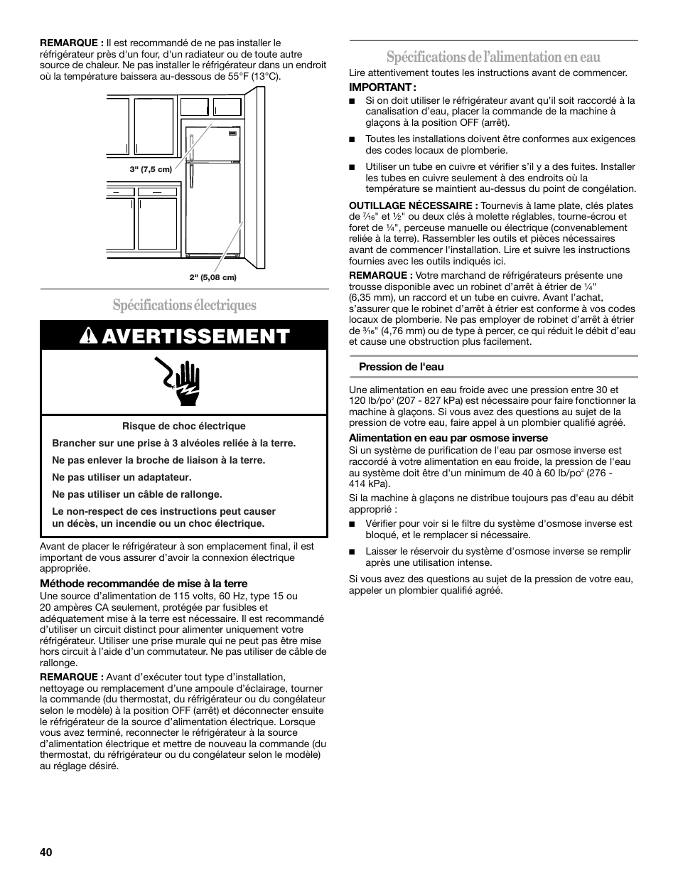 Avertissement, Spécifications électriques, Spécifications de l’alimentation en eau | Whirlpool W8TXNWMBQ User Manual | Page 40 / 56