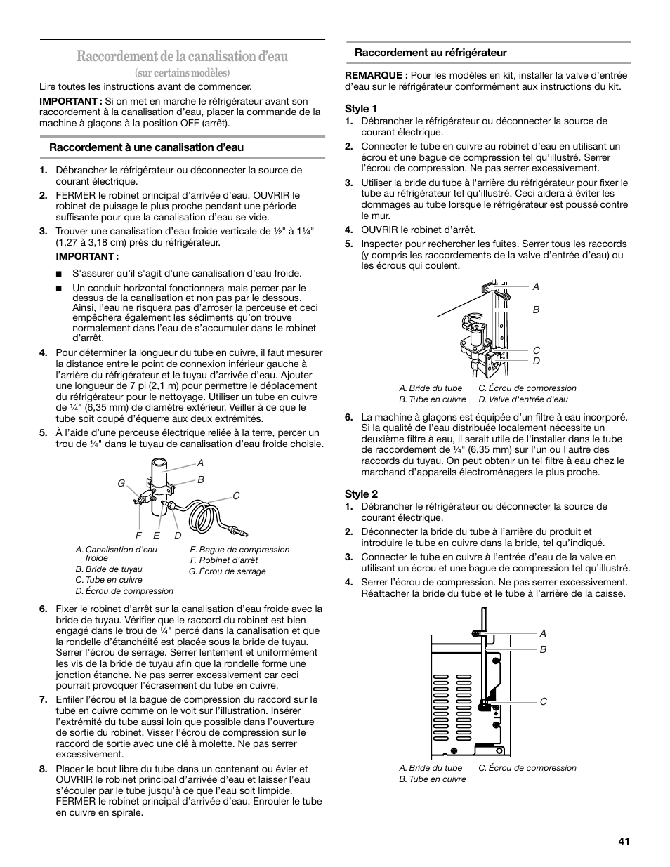 Raccordement de la canalisation d’eau | Whirlpool W8TXNWMBQ User Manual | Page 41 / 56