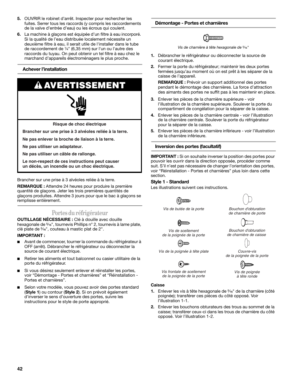 Avertissement, Portes du réfrigérateur | Whirlpool W8TXNWMBQ User Manual | Page 42 / 56