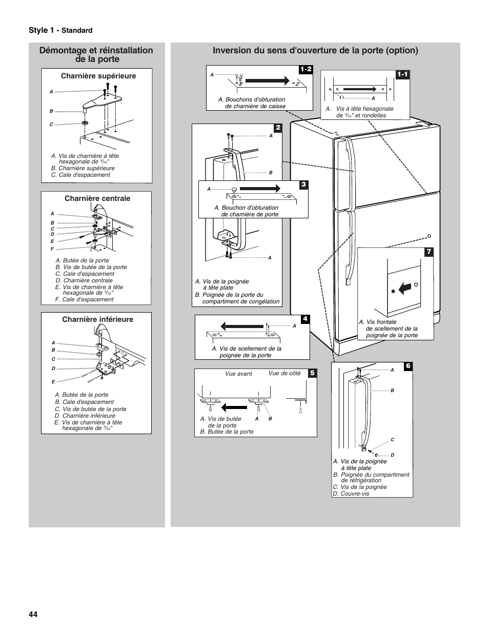 Démontage et réinstallation de la porte, Inversion du sens d'ouverture de la porte (option), 44 style 1 | Whirlpool W8TXNWMBQ User Manual | Page 44 / 56