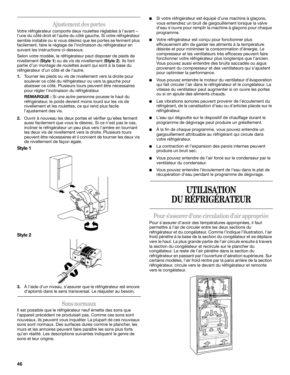 Utilisation du réfrigérateur, Ajustement des portes, Sons normaux | Pour s’assurer d’une circulation d’air appropriée | Whirlpool W8TXNWMBQ User Manual | Page 46 / 56