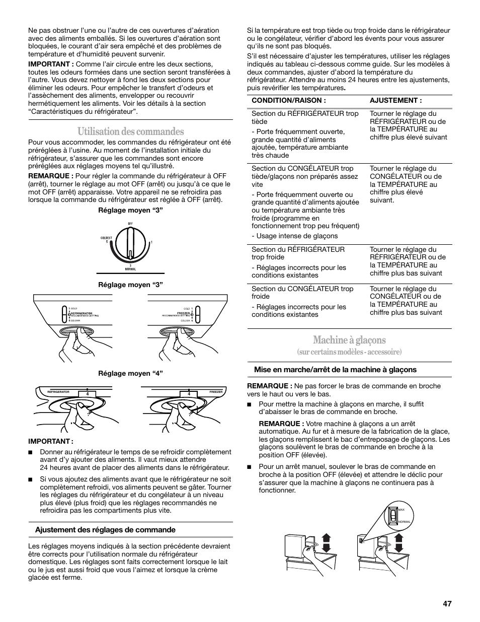 Utilisation des commandes, Machine à glaçons, Sur certains modèles - accessoire) | Whirlpool W8TXNWMBQ User Manual | Page 47 / 56