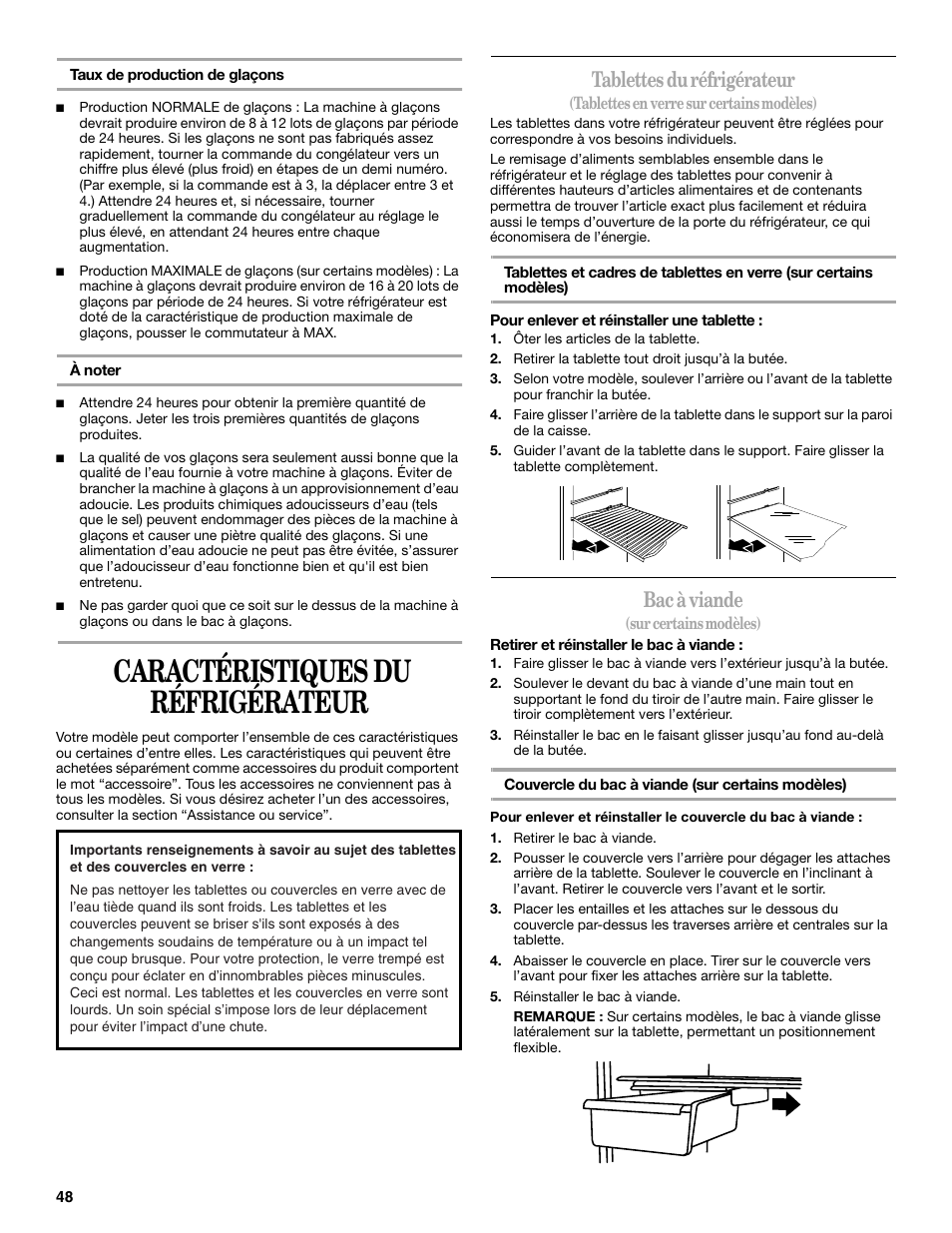 Caractéristiques du réfrigérateur, Tablettes du réfrigérateur, Bac à viande | Whirlpool W8TXNWMBQ User Manual | Page 48 / 56