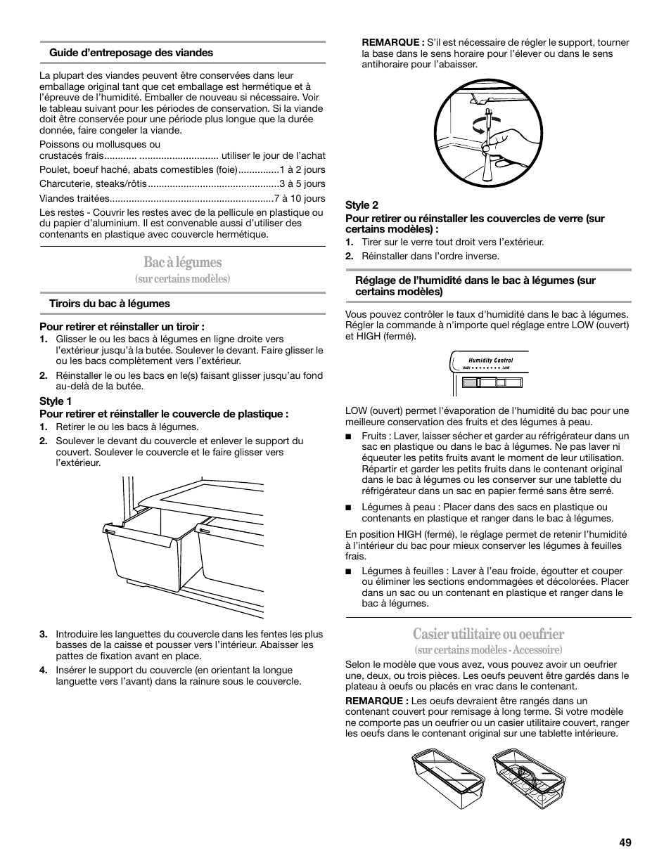 Bac à légumes, Casier utilitaire ou oeufrier | Whirlpool W8TXNWMBQ User Manual | Page 49 / 56