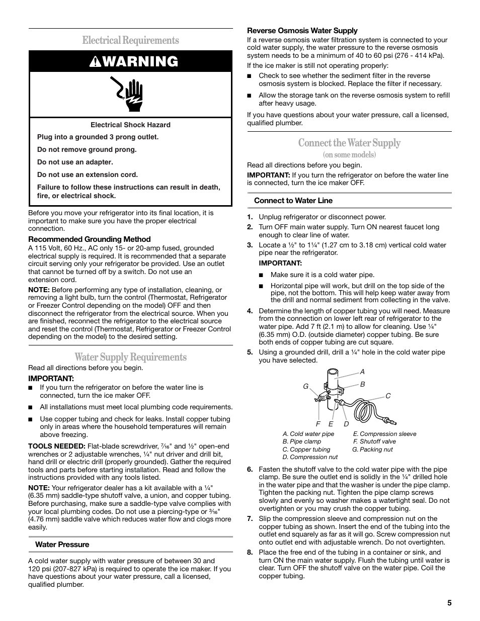 Warning, Electrical requirements, Water supply requirements | Connect the water supply | Whirlpool W8TXNWMBQ User Manual | Page 5 / 56