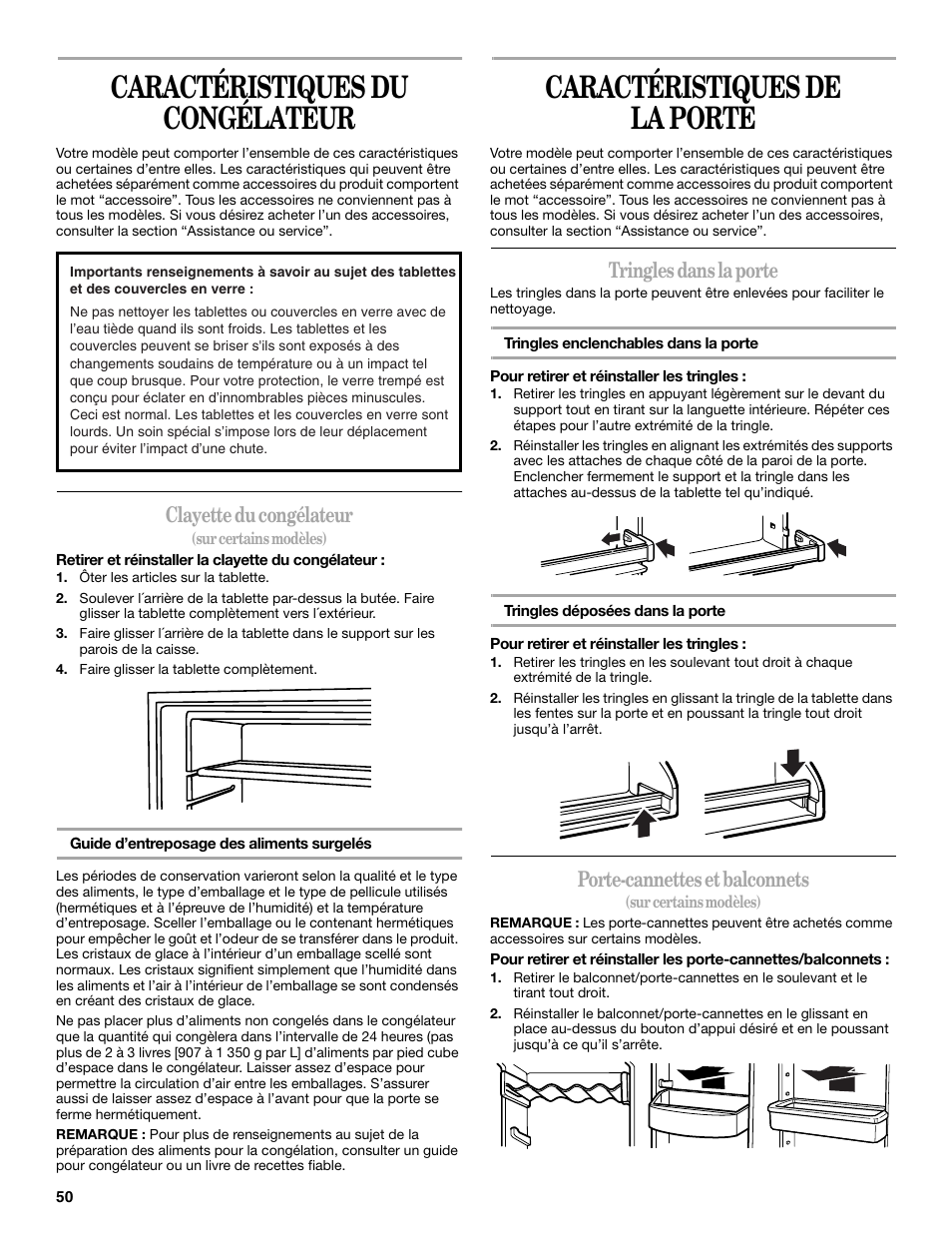 Caractéristiques du congélateur, Caractéristiques de la porte, Clayette du congélateur | Tringles dans la porte, Porte-cannettes et balconnets | Whirlpool W8TXNWMBQ User Manual | Page 50 / 56